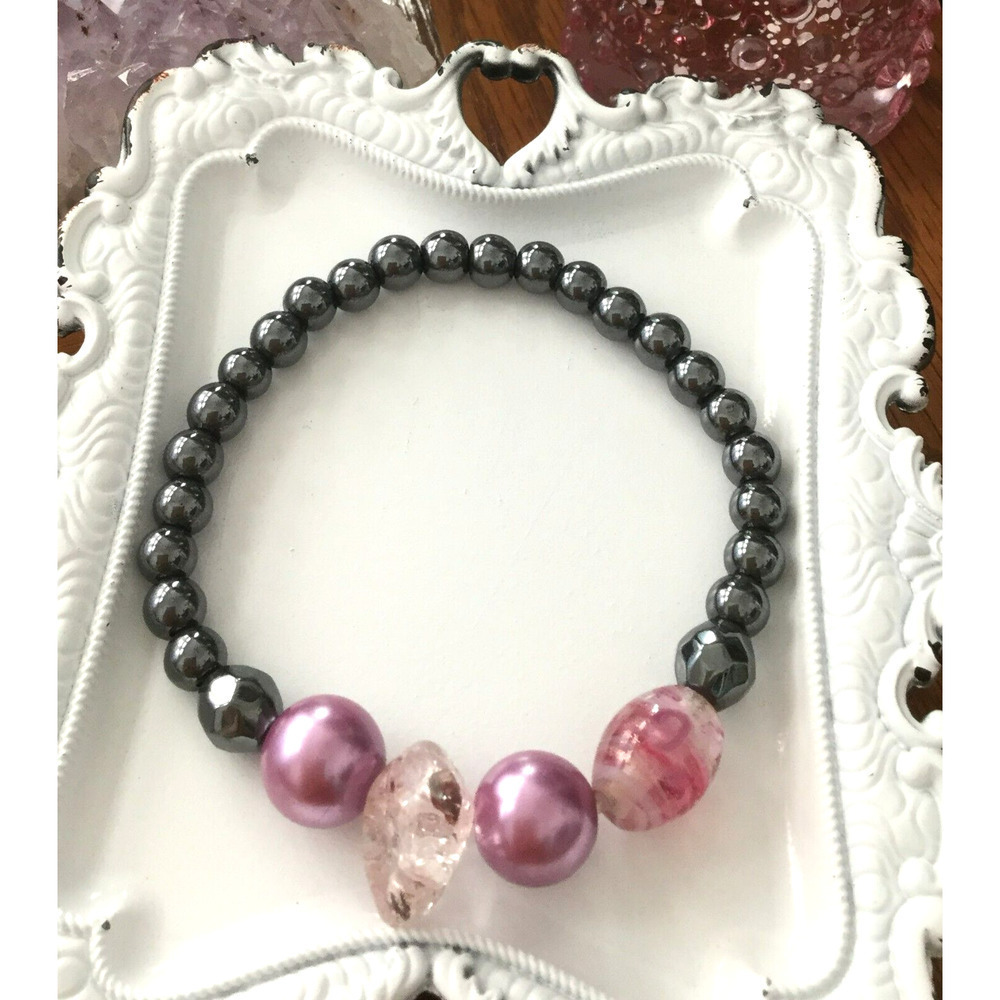New Natural Hematite Bead Bracelet w/ Pink Crystal, Pearls & Lampwork Beads
